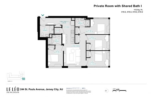 Floor plan for 1 bed, 1 bath, 112 sqft